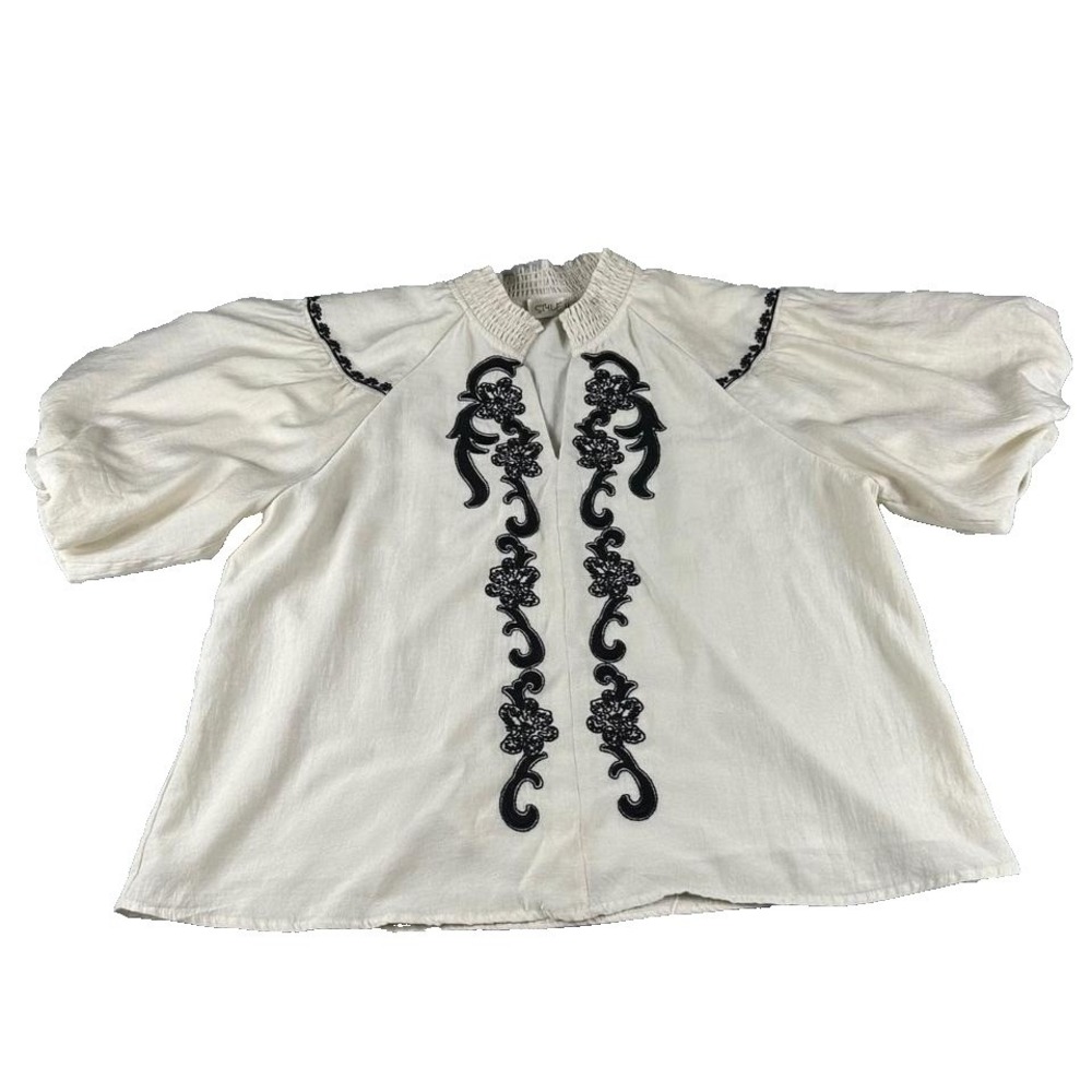 Style U Peasant Blouse Women XL Cream Embroidered Boho Puff Sleeve WC4360 - Picture 2 of 7